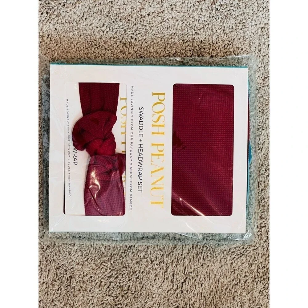Posh Peanut Bamboo Bordeaux Waffle Swaddle with Headband Red Baby Blanket‎ NWT